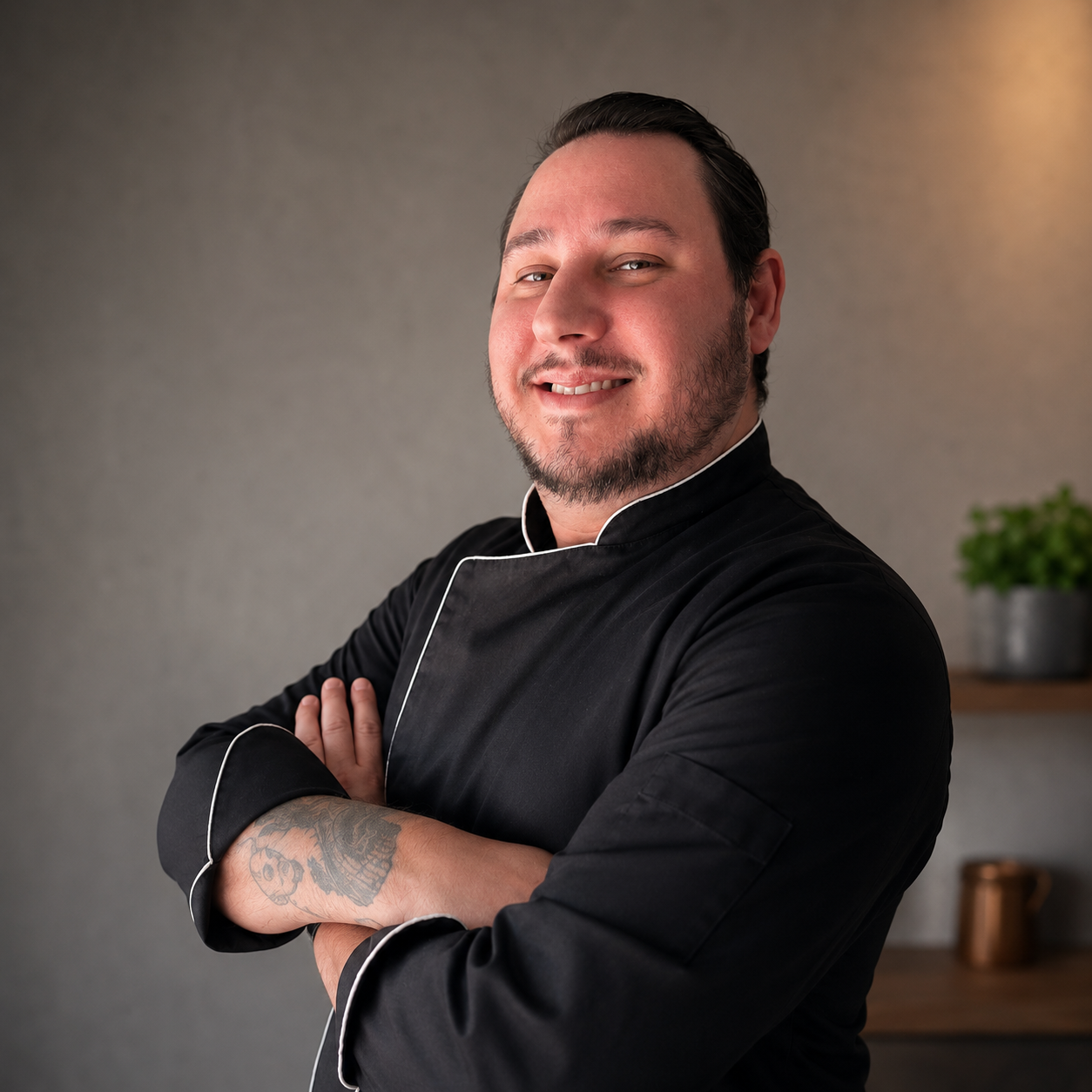 Joel Abreu, chef do ateliê, de braços cruzados